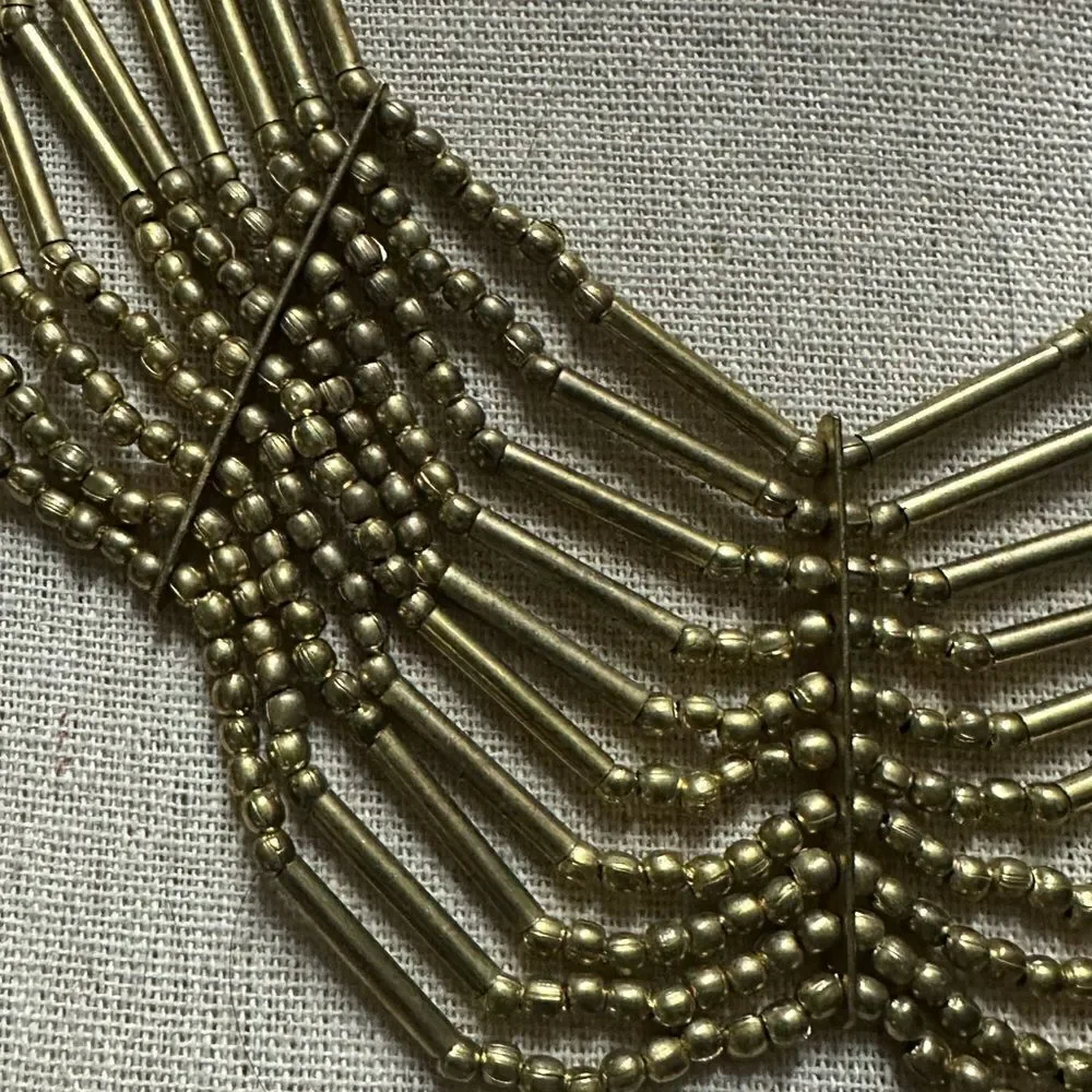 Vintage Bronze Art Deco Multi-Strand Beaded Necklace with V-Shape Design 22”
